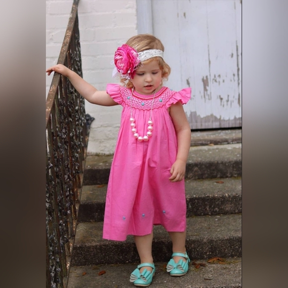 Red Bishop Angel Sleeves Baby Girl Dress. Girls Smocked Bishop Birthday Dress - Picture 9 of 9